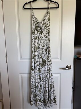 MSK Women’s Olive and White Floral Maxi Dress with Spaghetti Straps | Tie Back